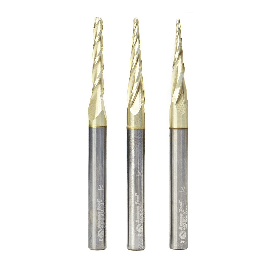 Amana Tool AMS-144 3-Pc Solid Carbide Up-Cut Spiral 2D/3D Carving Ball Nose ZrN Coated CNC Router Bit Set, 1/4 Inch Shank, Includes 1/32, 1/16 &amp; 1/8 Diameters